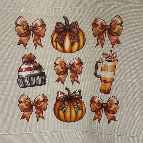 Canvas Tote Bag with Pumpkin and Bow Design - Picture 2 of 6